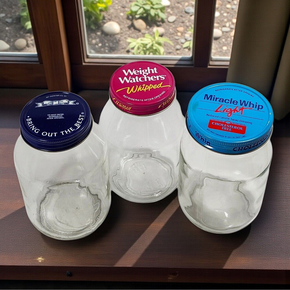 3 Vintage Mayo Miracle Whip Glass Jars Metal Lids Clear Weight Watchers Hellmans